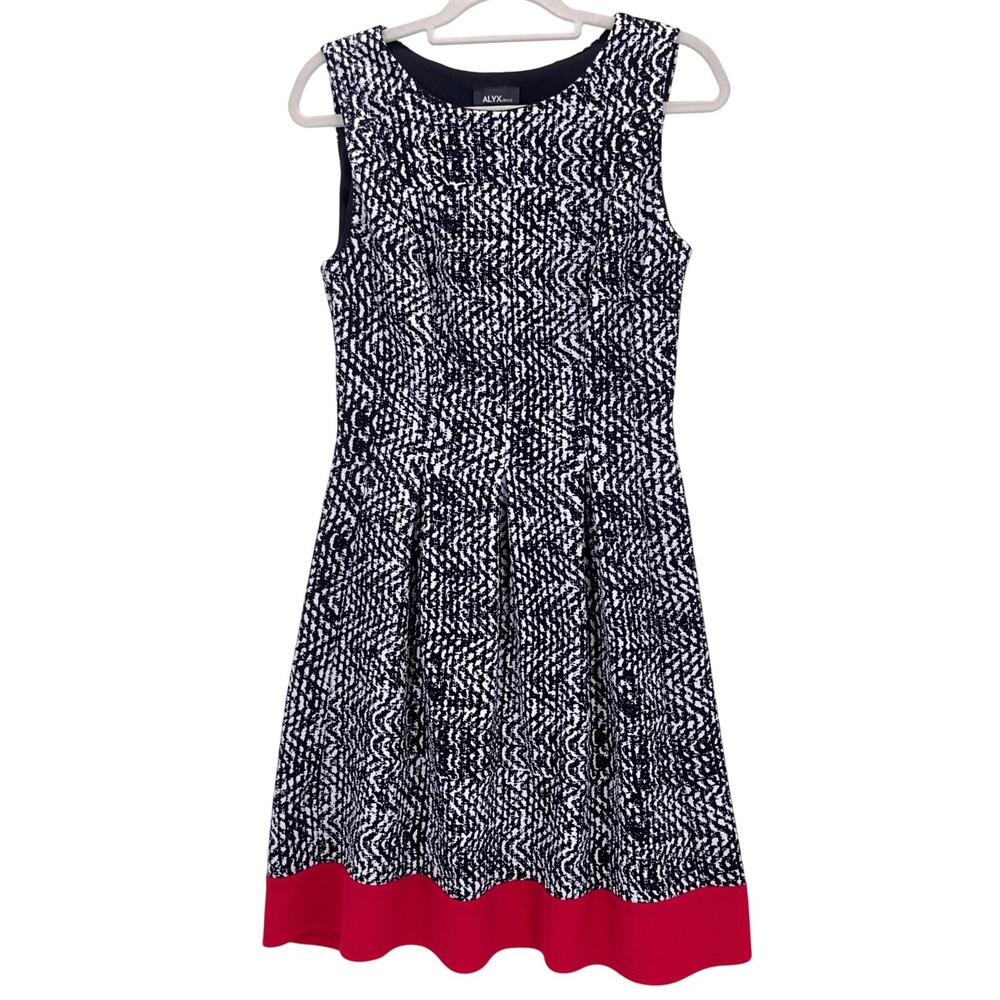 ALYX Black White Red Fit and Flare Dress 10 Textured Sleeveless Contrast Hem